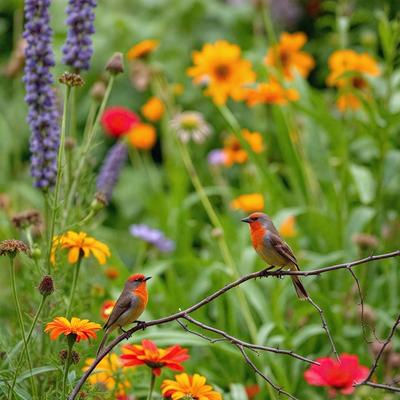 The primary subject of the image is a pair of birds perched on a thin branch in a garden setting. The birds are surrounded by a variety of flowers, creating a vibrant and colorful scene. The visual style of the image is a photo, capturing the birds and flowers in their natural environment. The colors and mood of the image are lively and cheerful, with the bright flowers and birds adding a sense of warmth and liveliness to the scene.